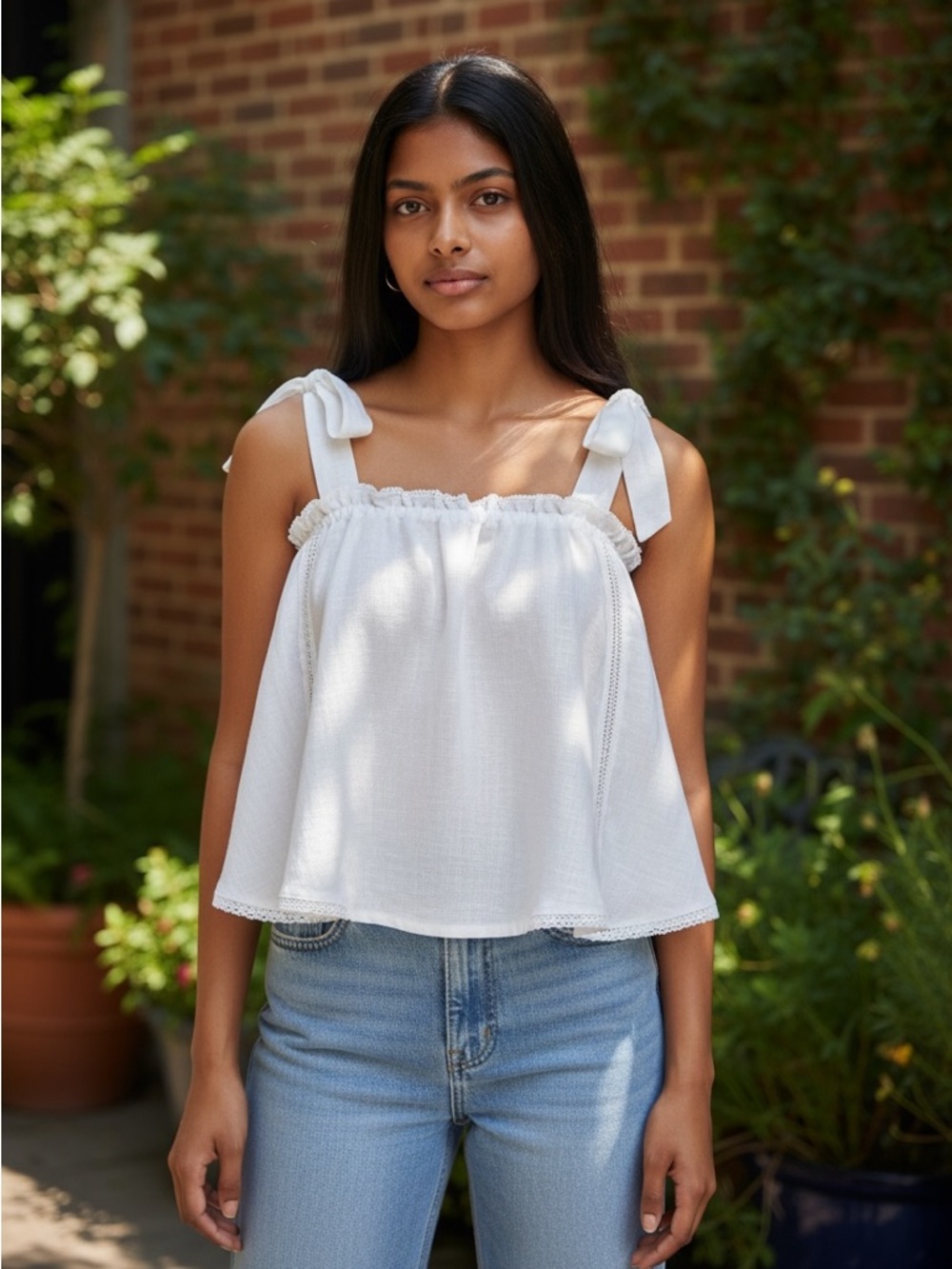 🏷️ Tie Shoulder Square Ruffle Neckline Babydoll-Style Gauze Top MEDIUM White